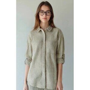 Lola River Green, White Stripe Seersucker Button Up Long Sleeve Shirt  Women's S